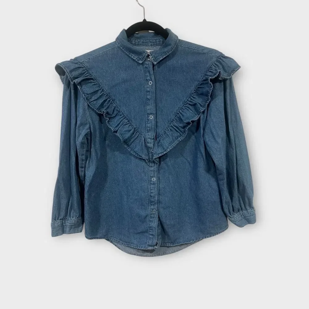 Zara Girls Set Western Ruffle Denim Button up & denim Skirt size 8/9